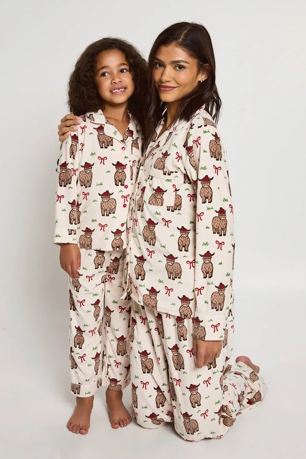 Matching Family Baby Fleece Highland Cow Print Long Sleeve Shirt & Trousers Pyjama Set by boohoo