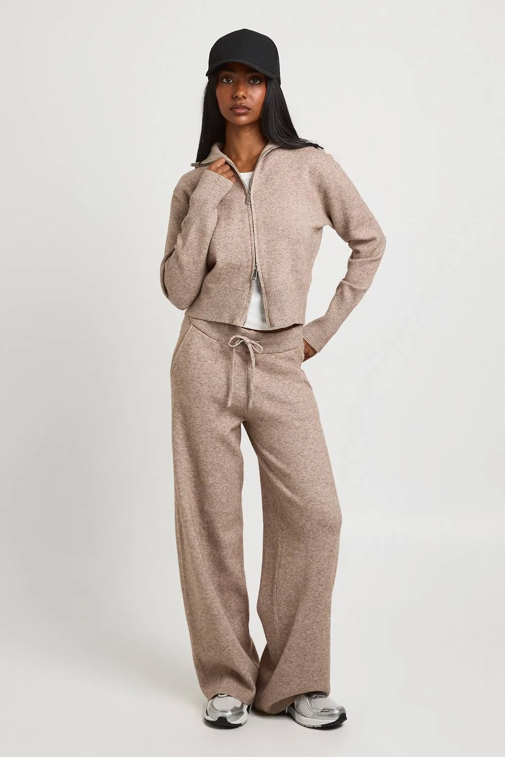 High Neck Knitted Jumper & Wide Leg Trouser Co-Ord - Stone