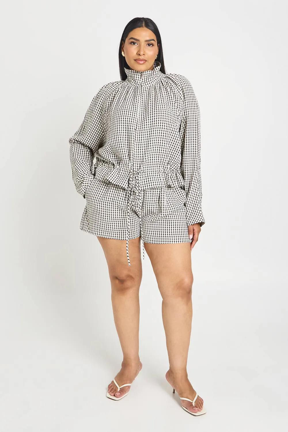 Check Cinched Waist Funnel Neck Shirt by boohoo