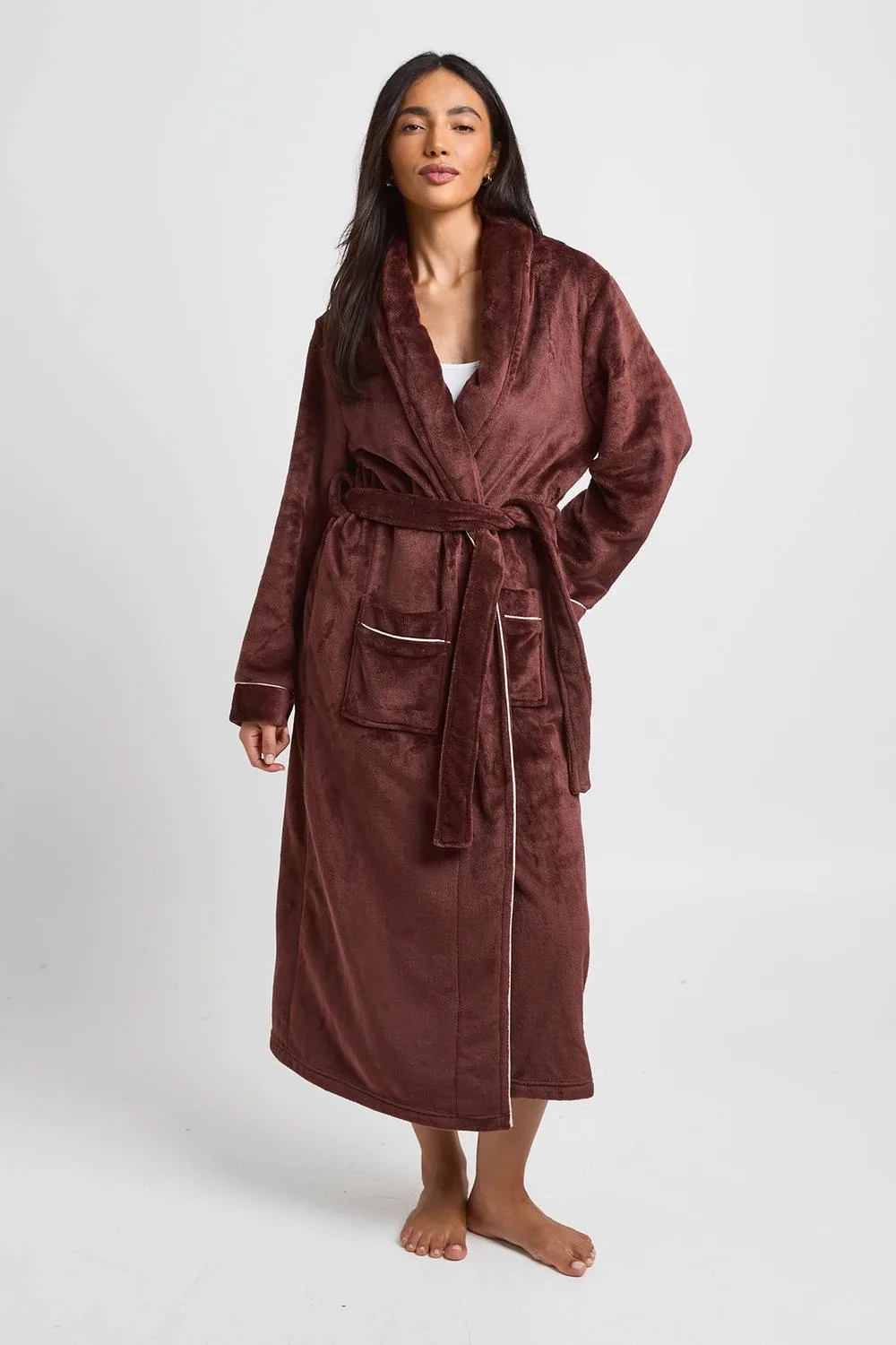 Fleece Piping Detail Long Dressing Gown