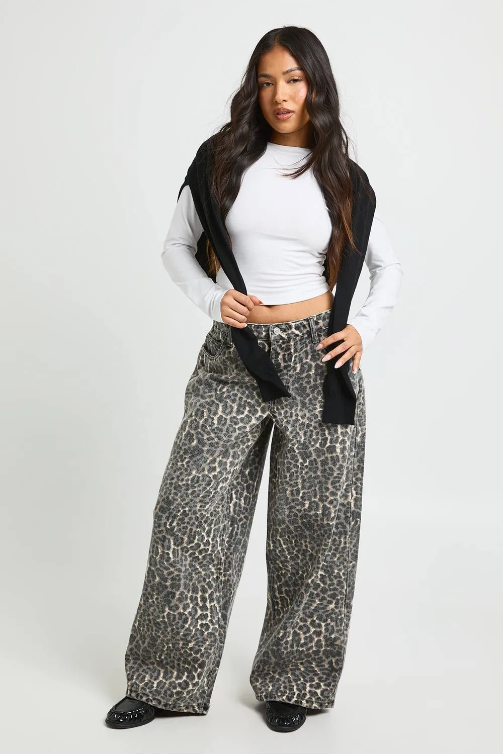 Leopard Print Mid Waist Loose Fit Wide Leg Jean by boohoo