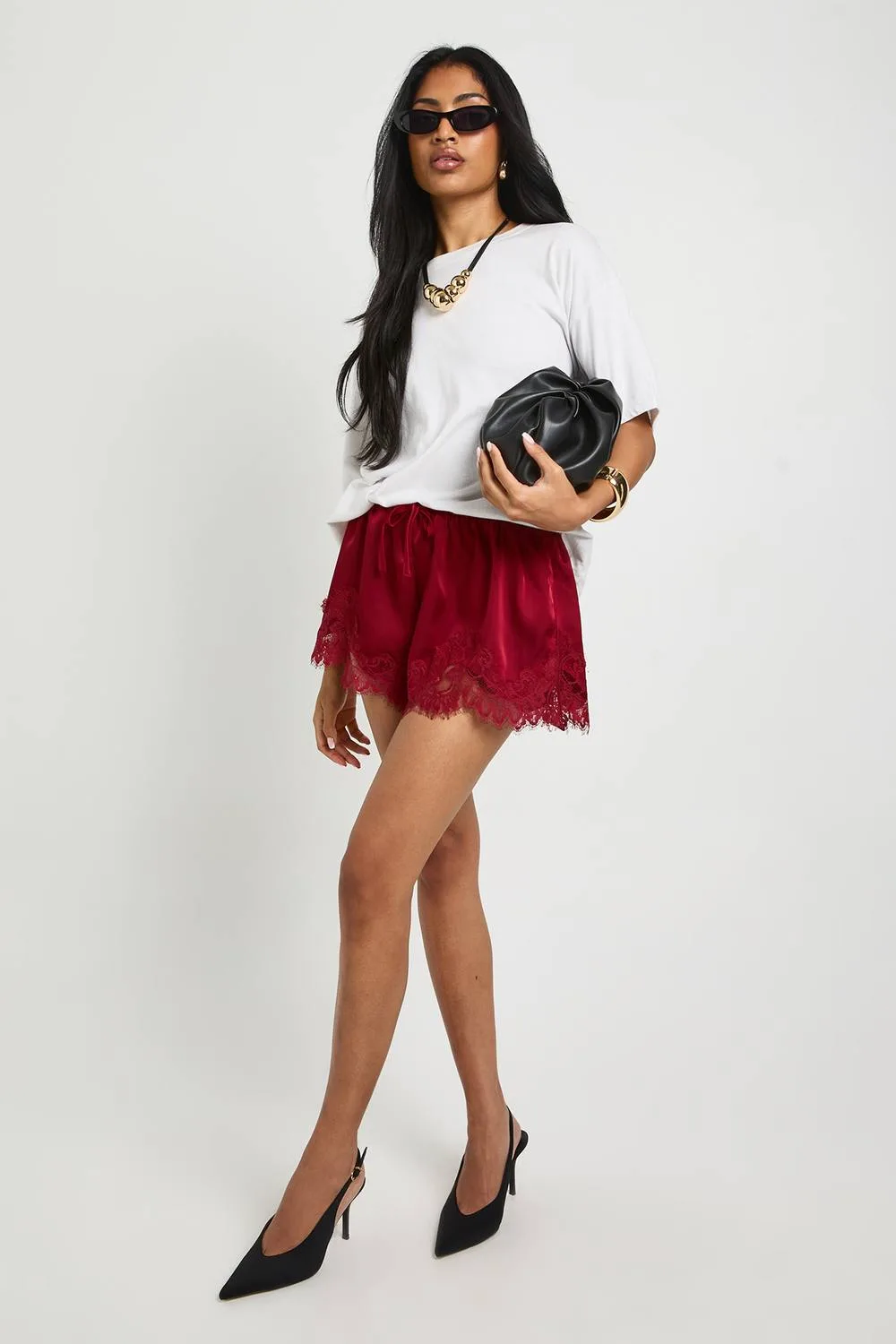 Lace Trim Satin Shorts by boohoo