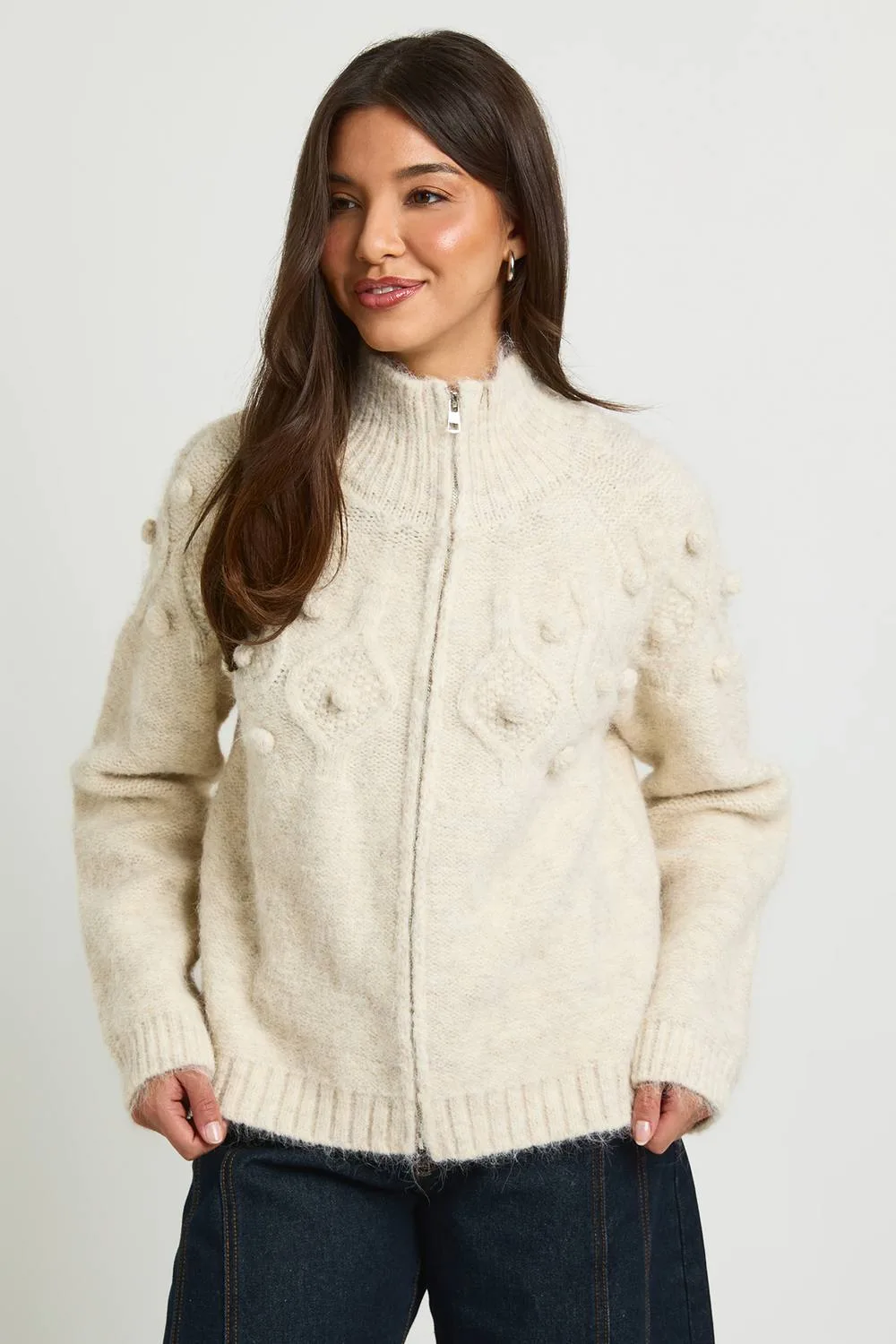 Cable Knit Zip Through Cardigan by boohoo
