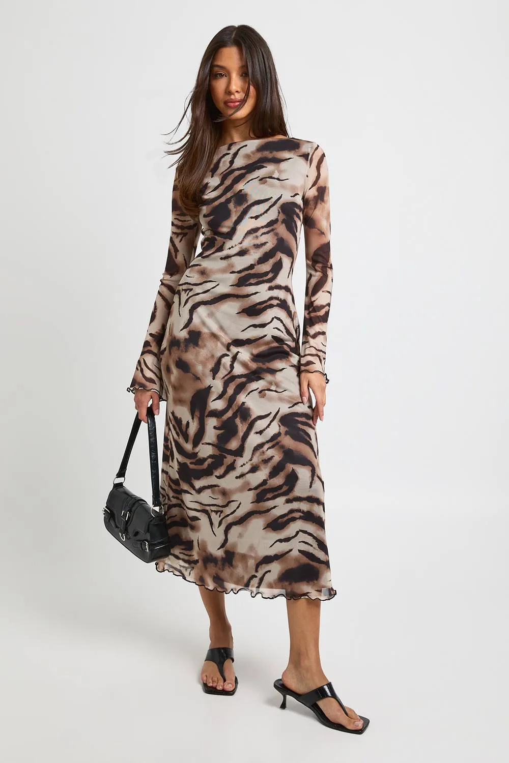 Tonal Zebra Print Fit & Flare Mesh Midaxi Dress by boohoo