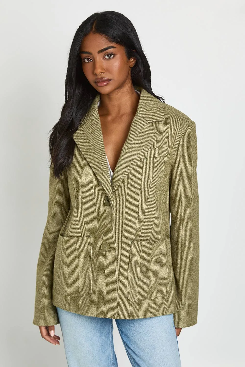 Herringbone Pocket Detail Oversized Blazer by boohoo