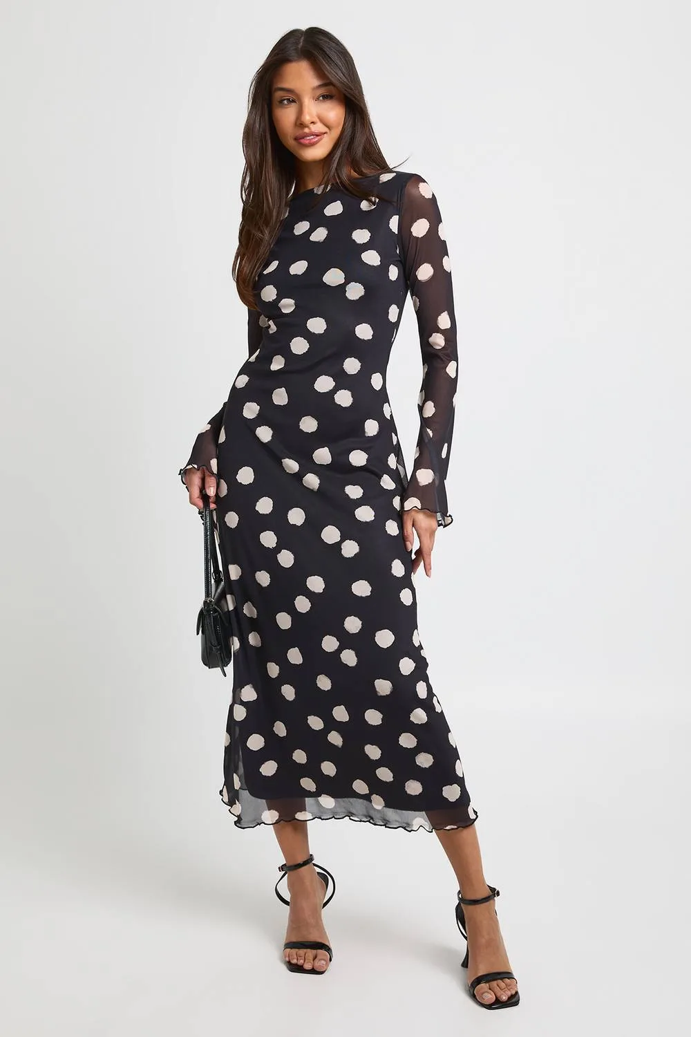 Tonal Polka Dot Fit & Flare Mesh Midaxi Dress