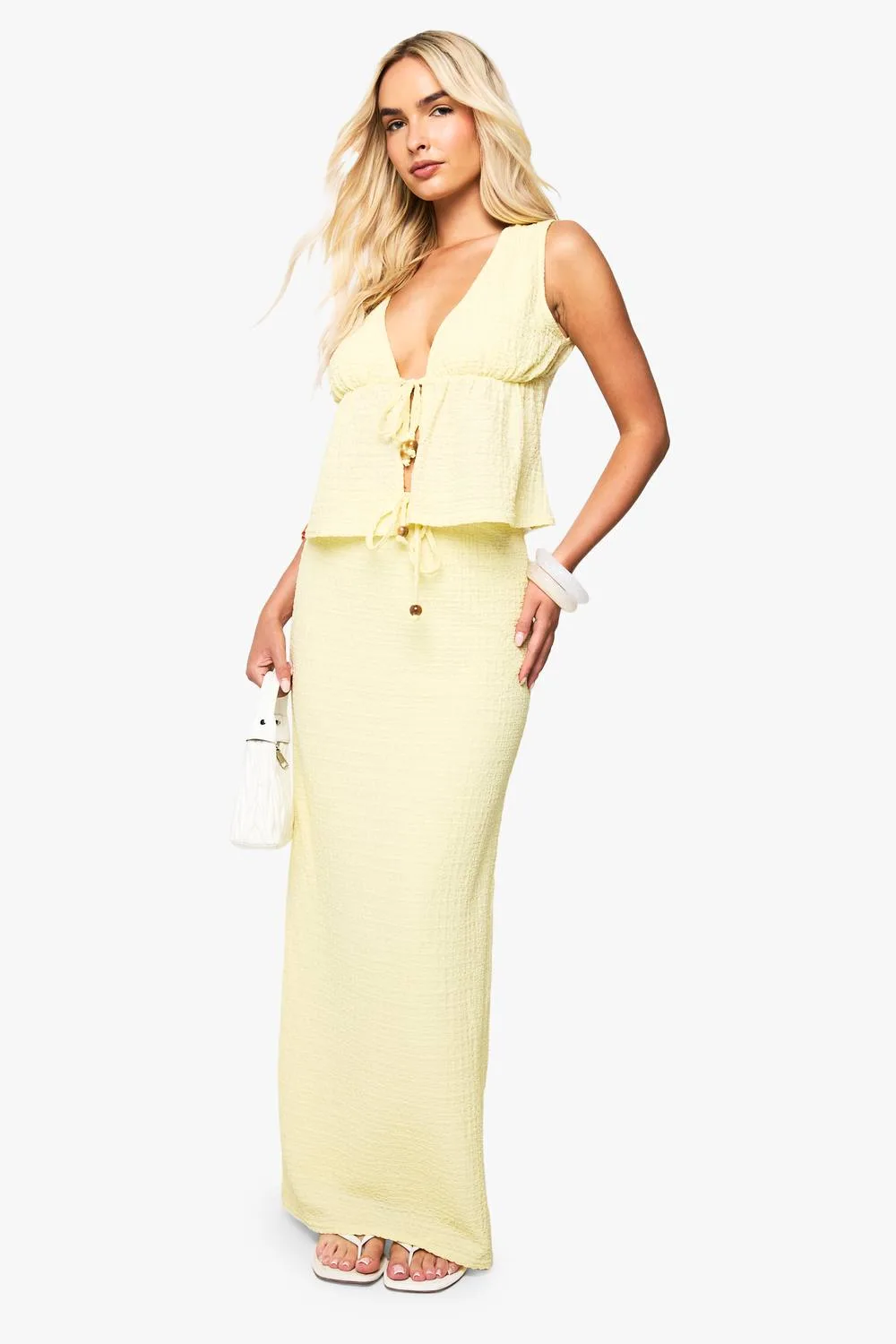 Beaded Textured Drawstring Maxi Skirt by boohoo
