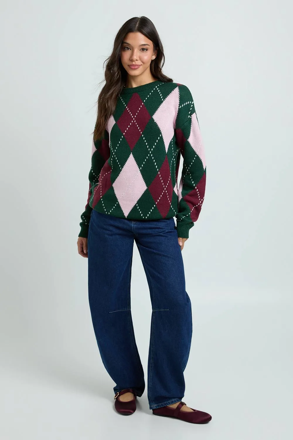 Argyle Print Longline Christmas Jumper by boohoo