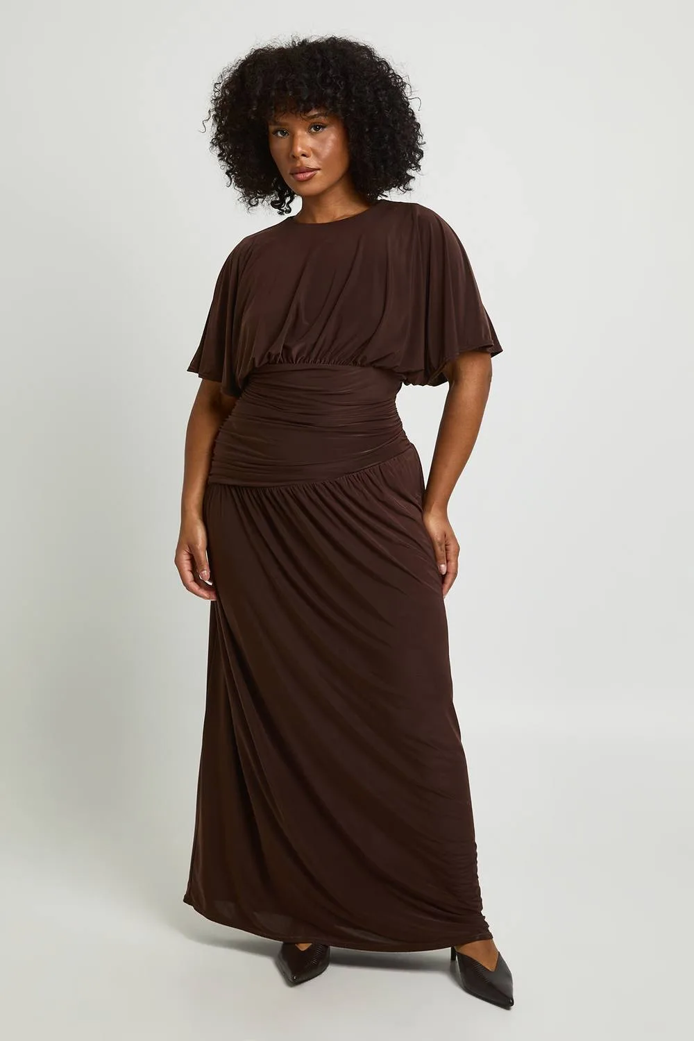 Angel Sleeve Ruched Asymmetric Waist Maxi Dress