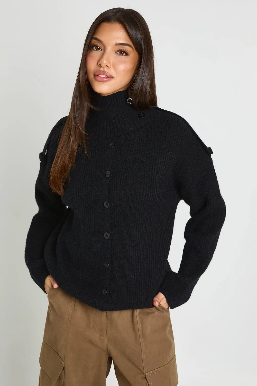 High Neck Button Detail Cardigan by boohoo