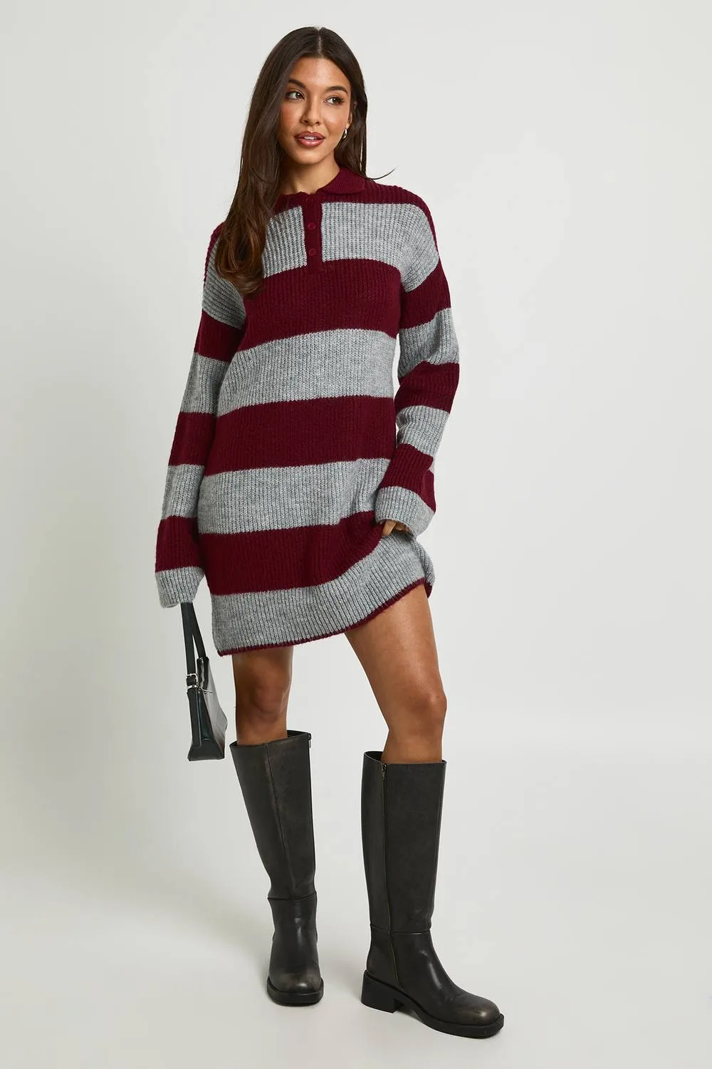 Collar Detail Stripe Oversized Rugby Knitted Mini Dress by boohoo