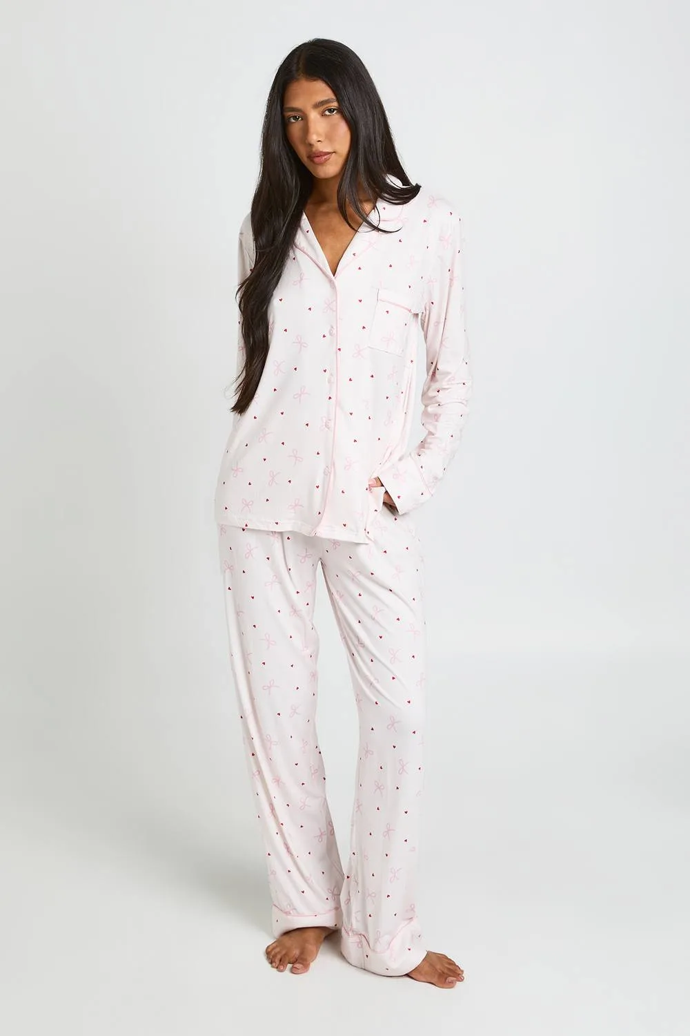 Super Soft Bow & Heart Print Long Sleeve Top & Trousers Pyjama Set by boohoo