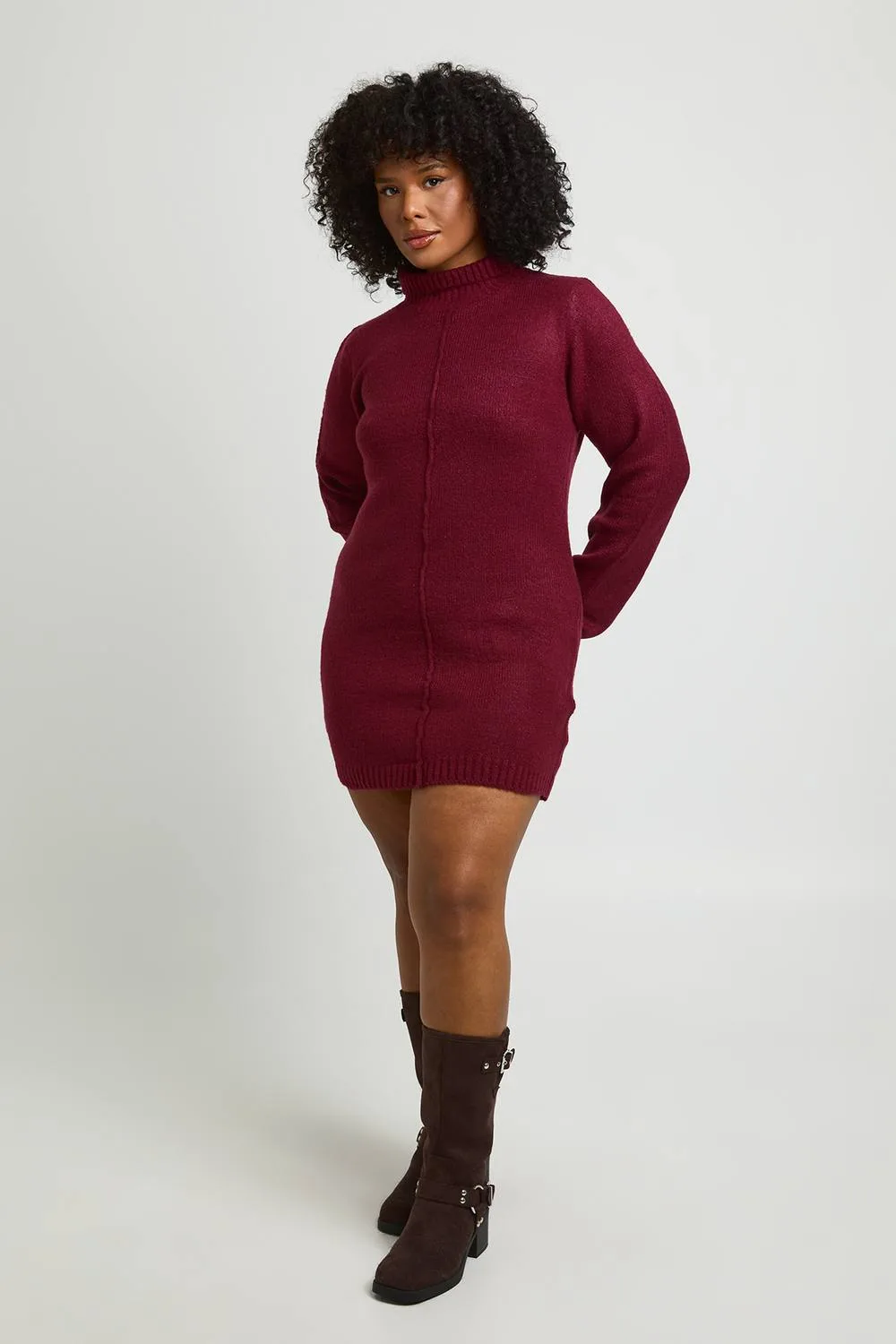 High Neck Seam Detail Knitted Mini Jumper Dress by boohoo