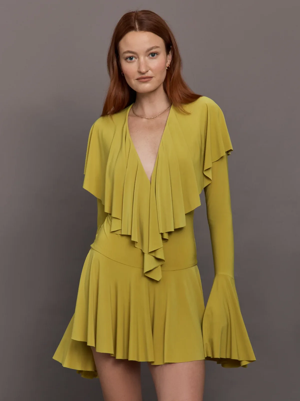 Long Sleeve Deep V Ruffle Mini Dress by Norma Kamali