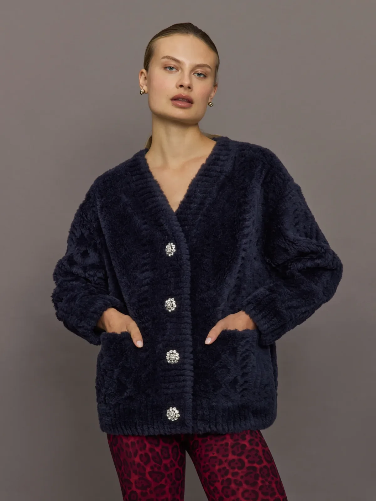 Sheared Sherpa Cardigan with Jewel Buttons by Jocelyn