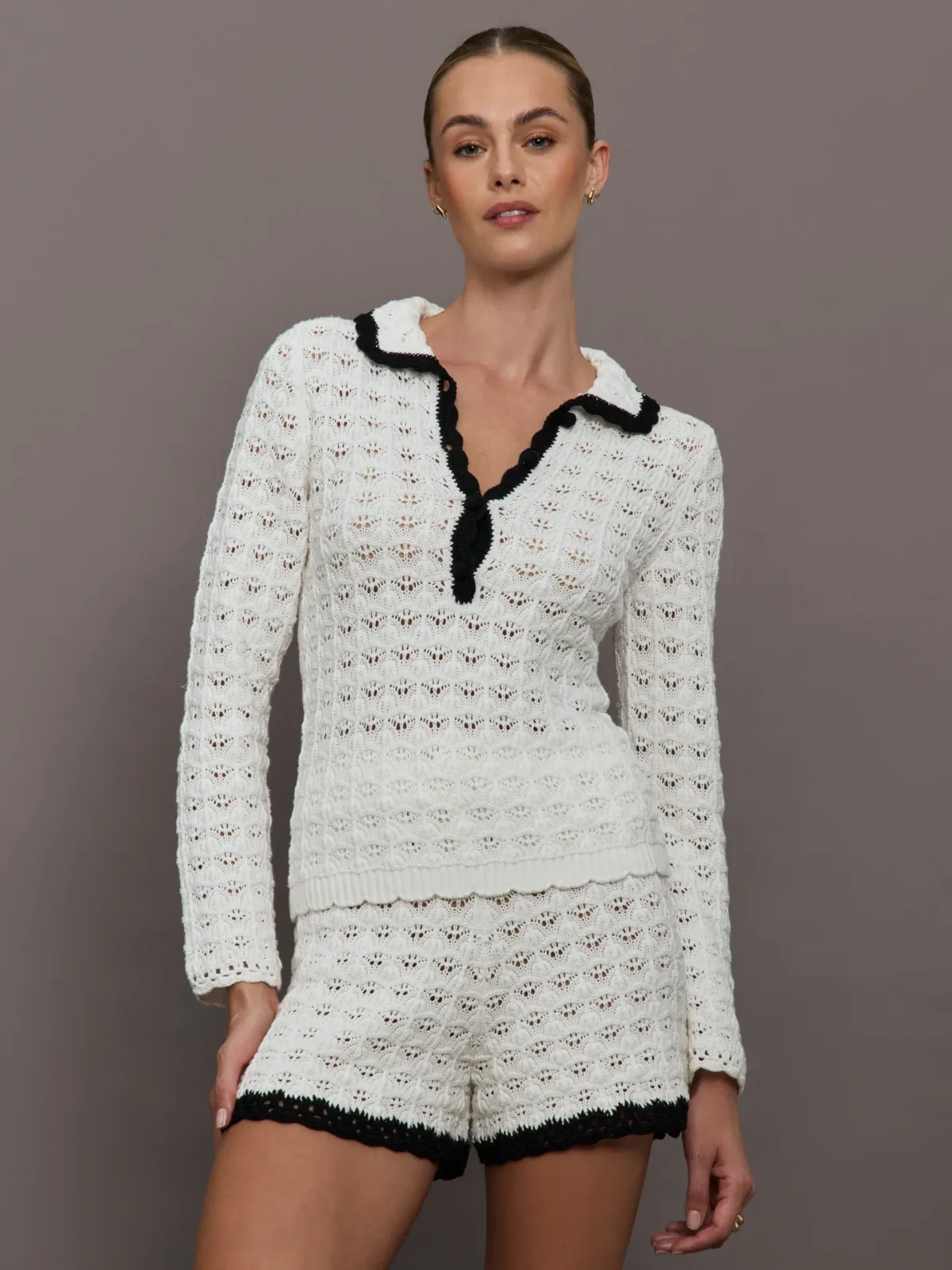Crochet Long Sleeve Polo Top by Carbon38