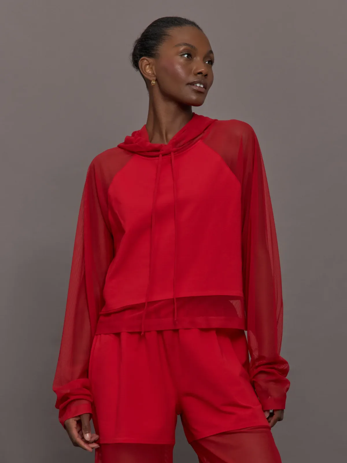 Oversized Raglan Sleeve Hooded Cropped Top W/ Mesh by Norma Kamali