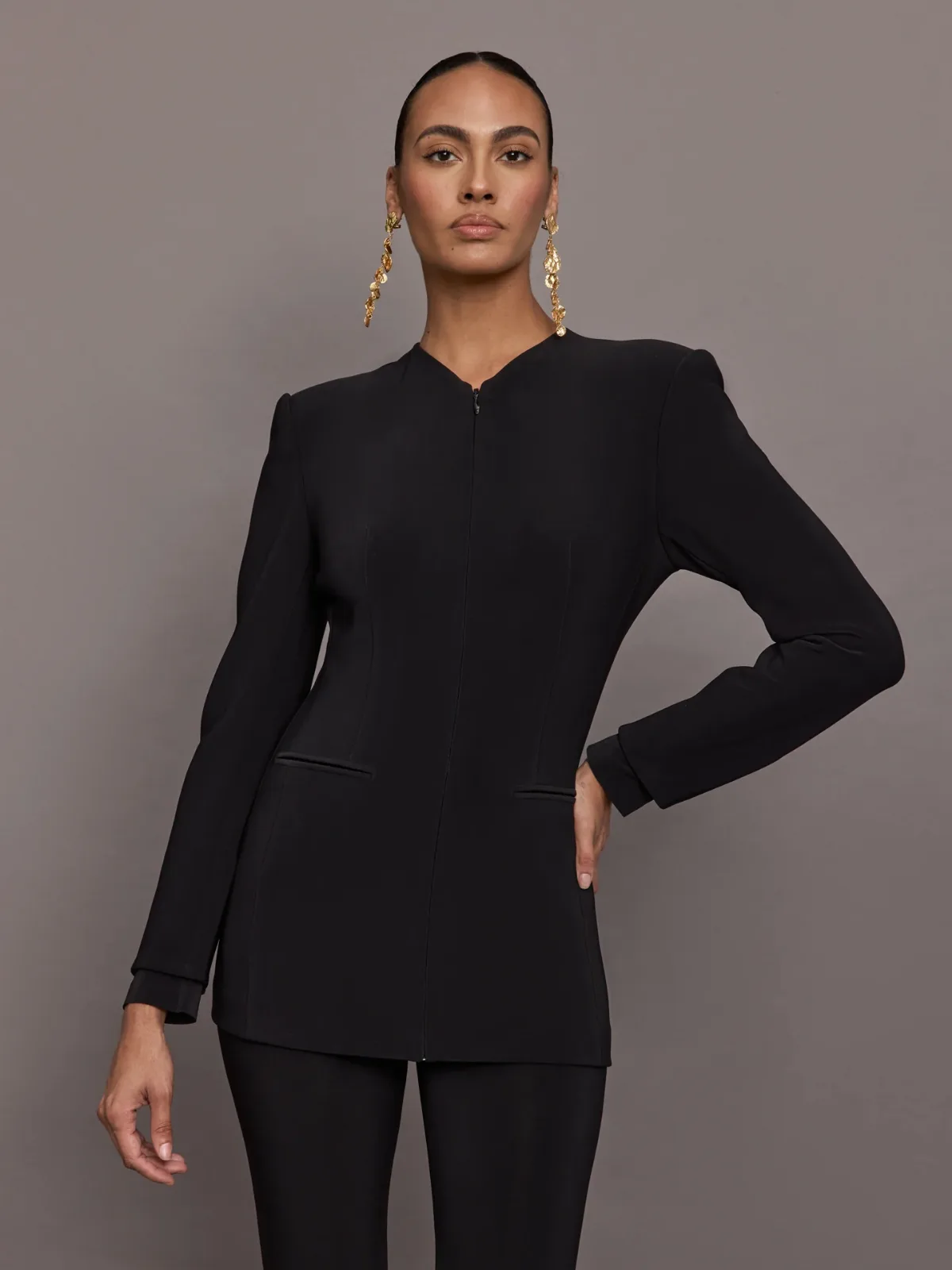 Long Sleeve Shoulder Pad V Neck Zip Front Jacket by Norma Kamali