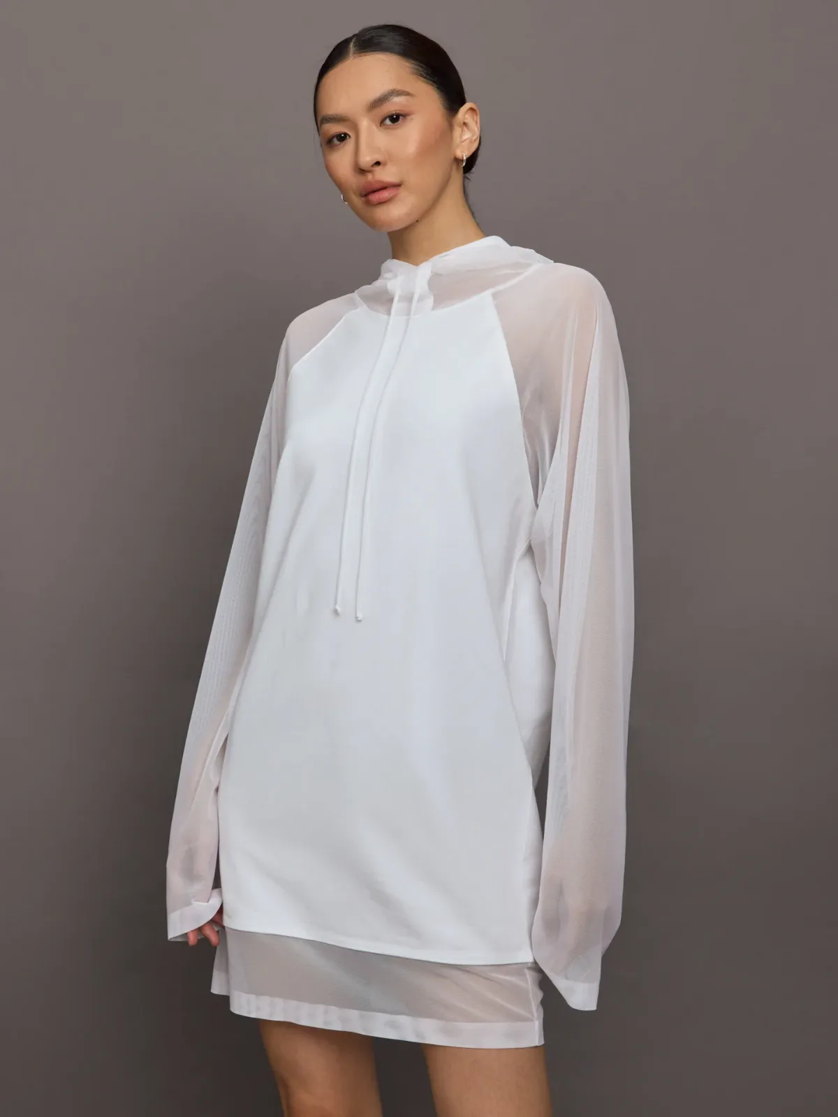 Oversized Raglan Sleeve Hooded Mini Dress W Mesh by Norma Kamali