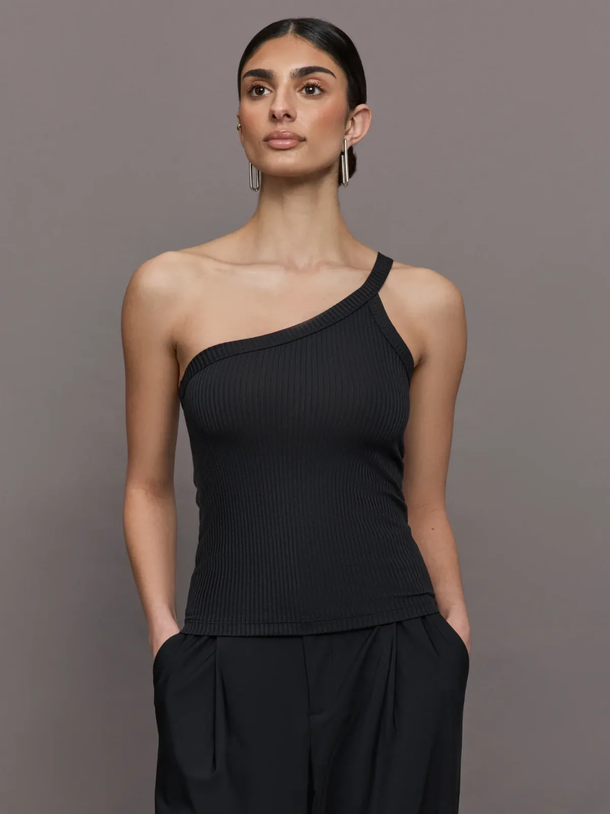 One Shoulder Tank in Ribbed Jersey by Carbon38