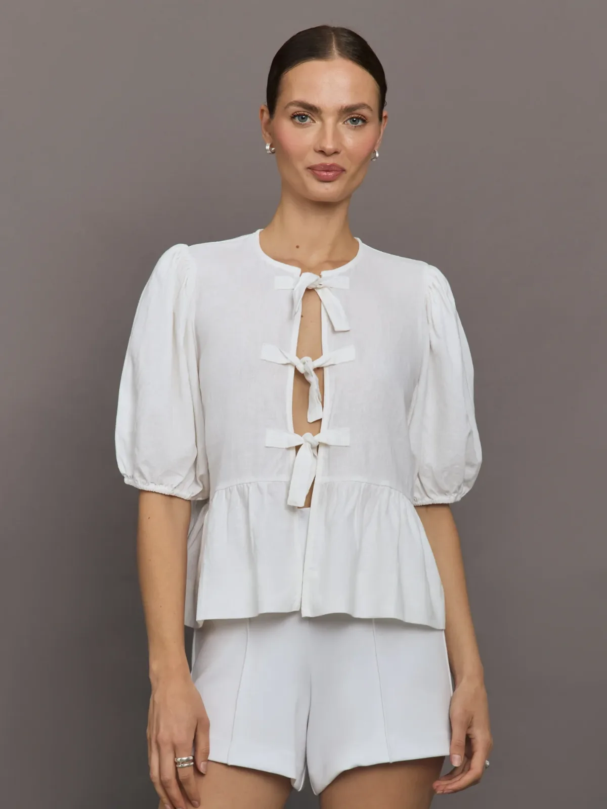 Linen Tie Puff Sleeve Top by Carbon38