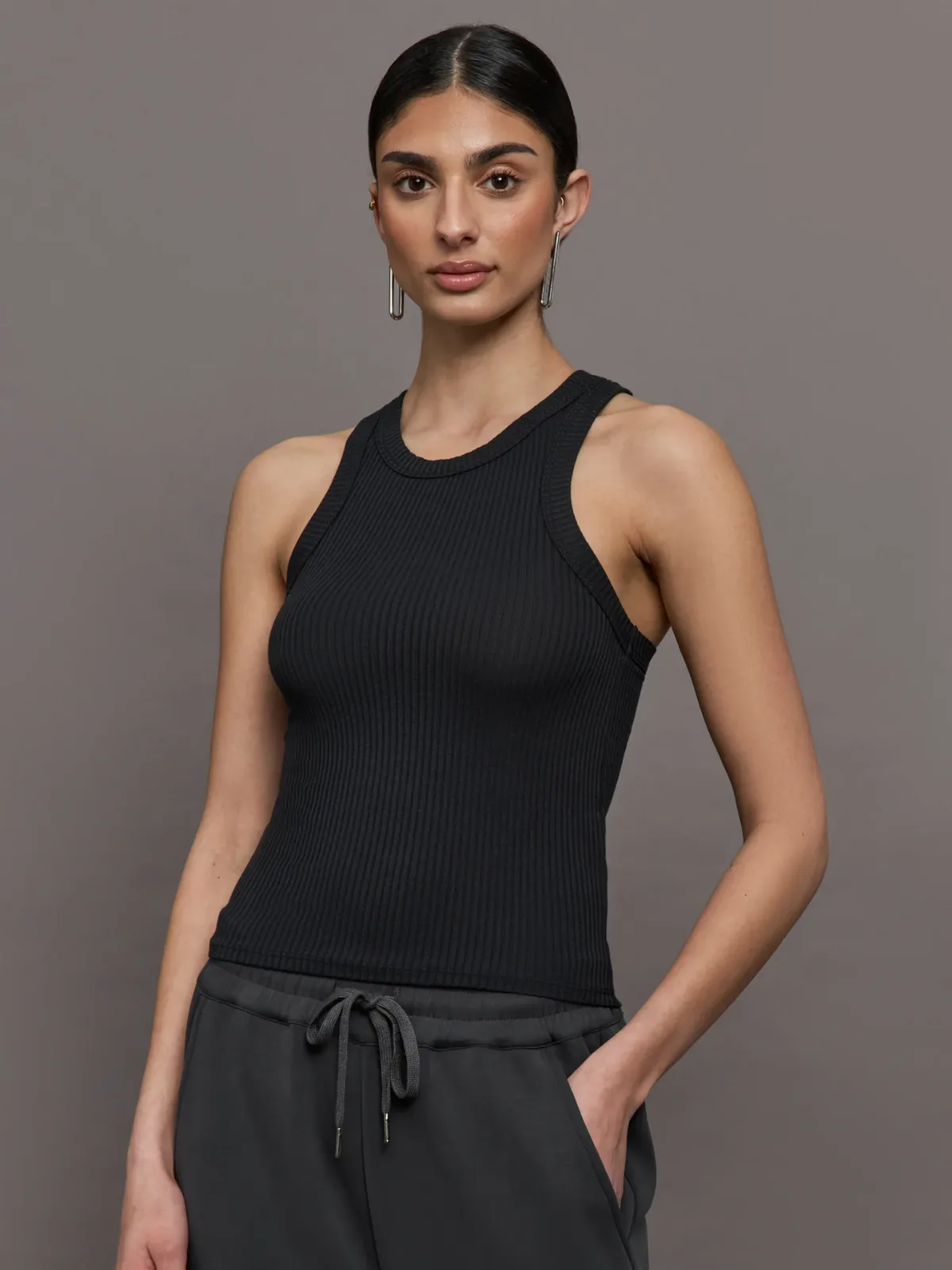 High Neck Fitted Tank in Ribbed Jersey