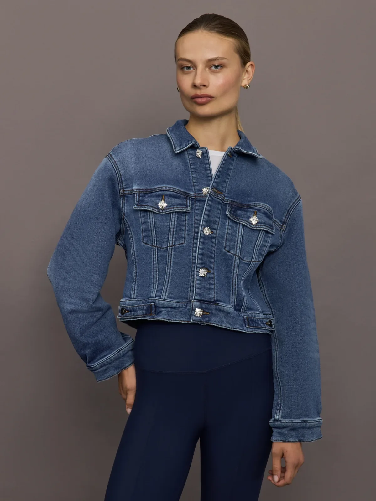 Jeweled Cropped Denim Jacket by Carbon38