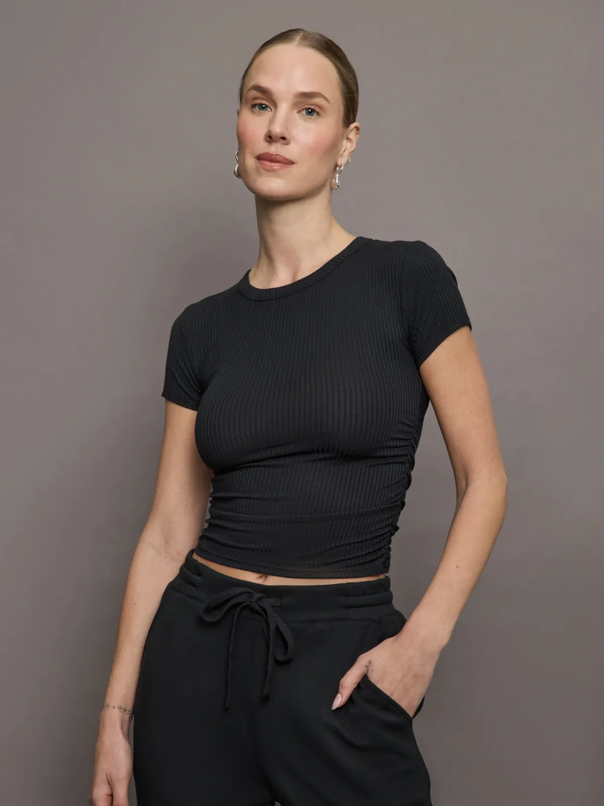 Cap Sleeve Ruched Top in Ribbed Jersey