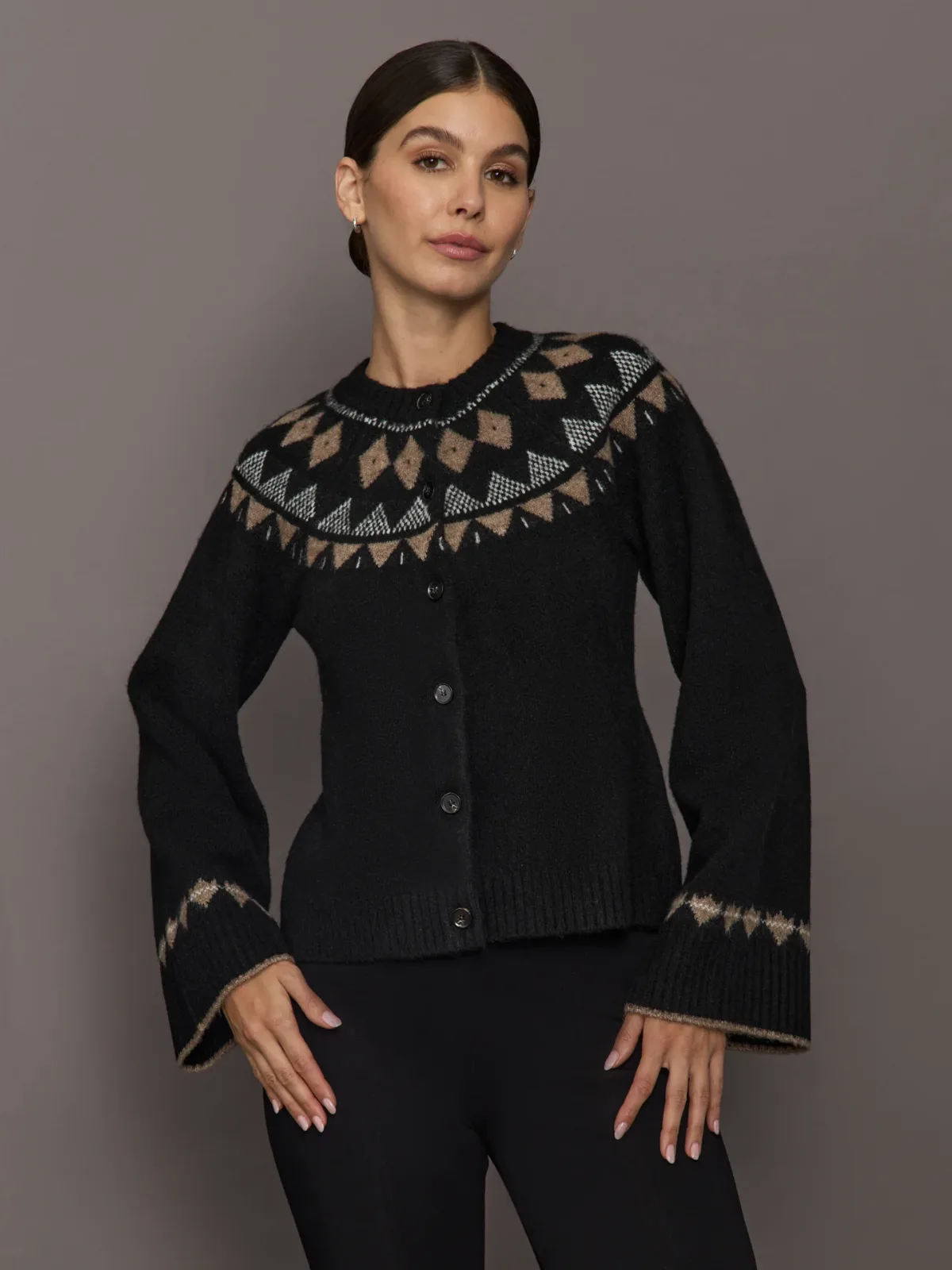 Fairisle Bell Sleeve Sweater Cardigan by Carbon38
