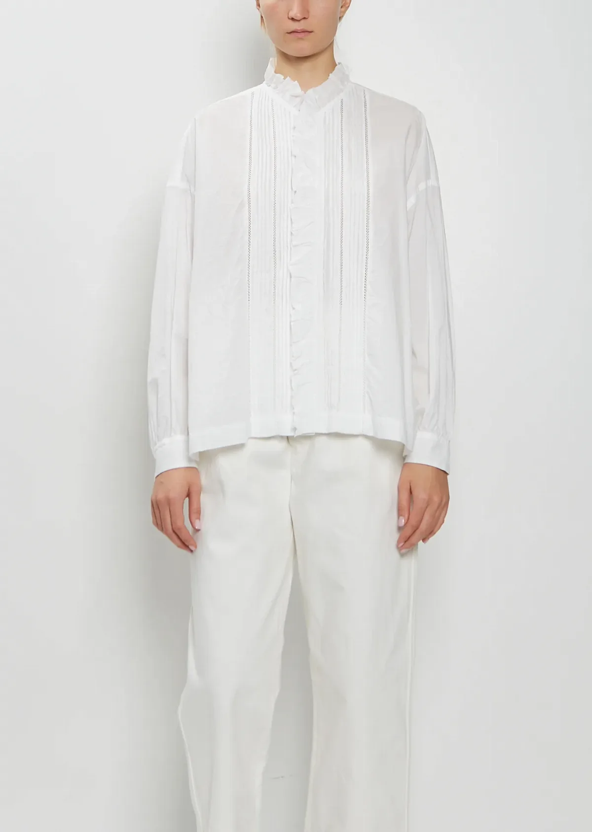 Cotton Ruffle Pintuck Shirt by Toujours