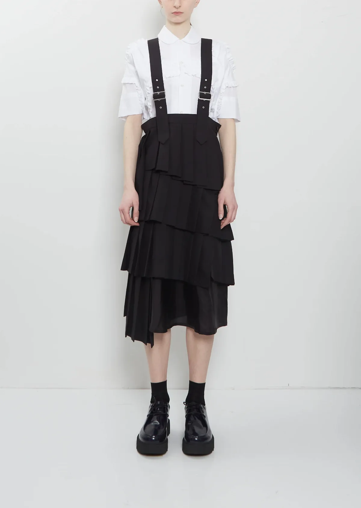Noir by Kei Ninomiya Suspender Pleated Wool Skirt by Noir
