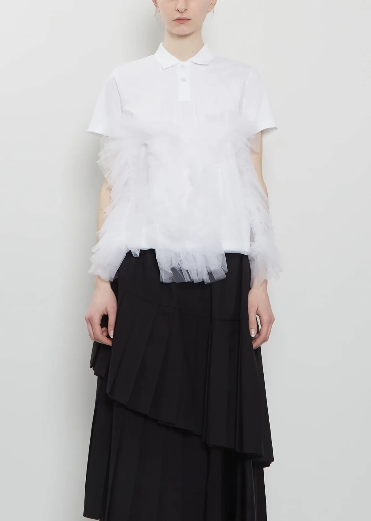 Noir by Kei Ninomiya Tulle Ruffle Cotton Polo Shirt by Noir