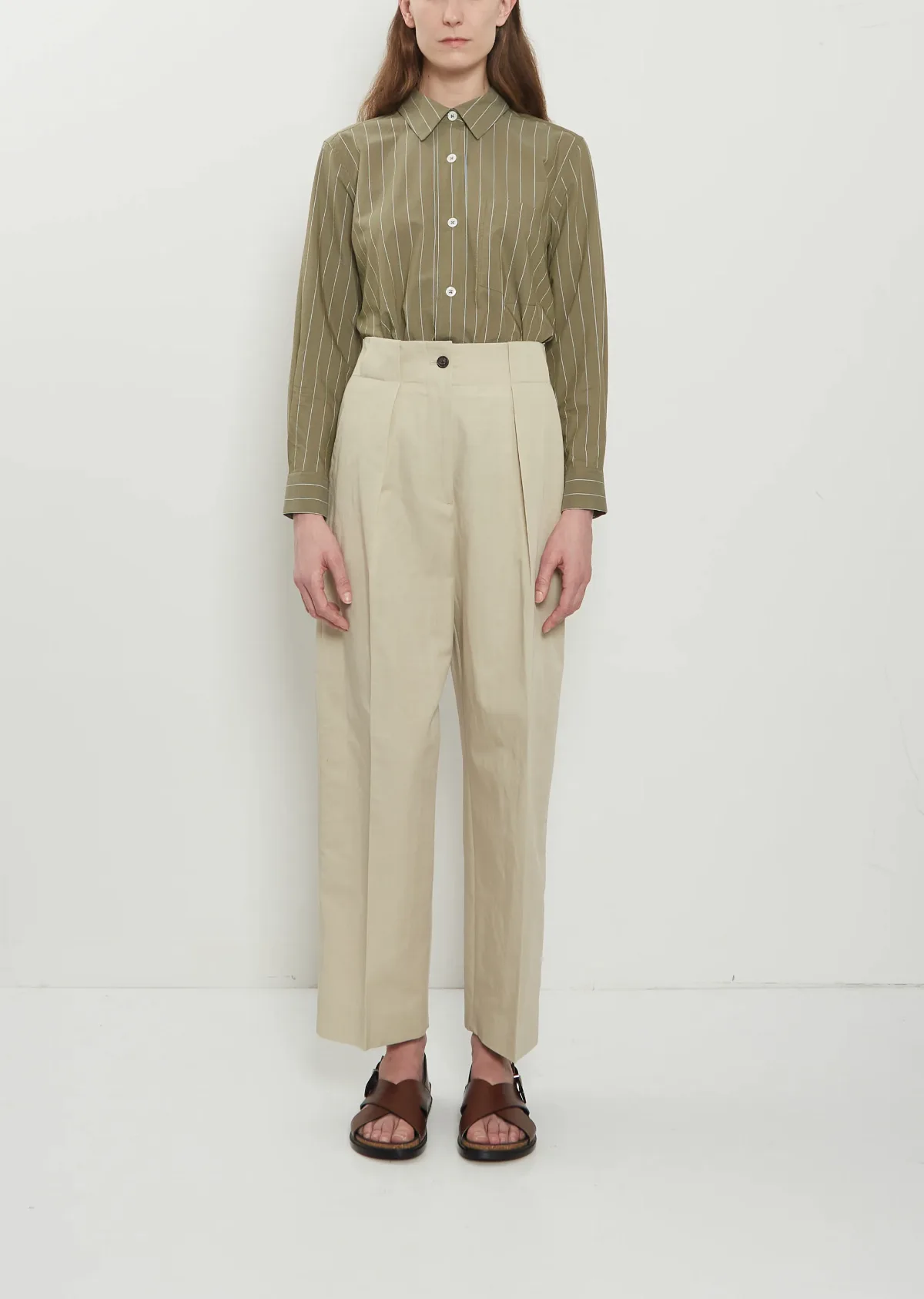 Wide Belt Loop Cotton Linen Trouser - Stone by Margaret Howell