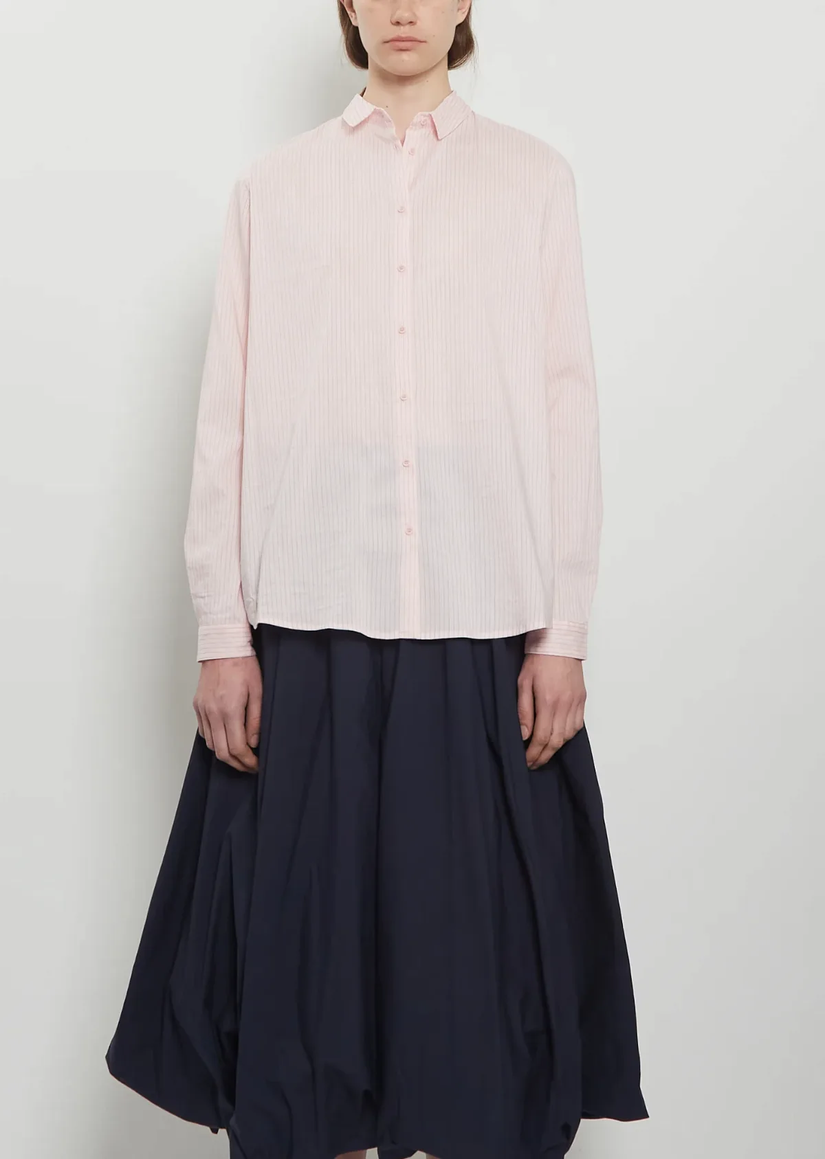 Pinstripe Cotton Silk Mini Collar Shirt by Apuntob