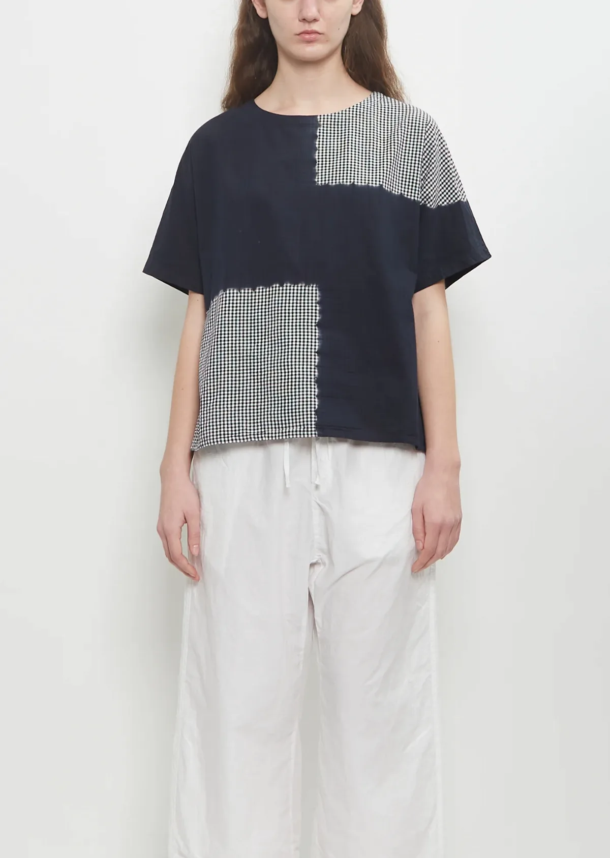 Cotton Gingham Check Woven T-Shirt by Suzusan