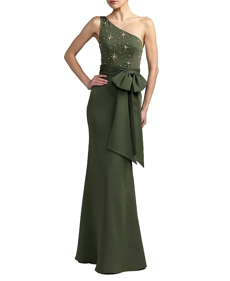 Mac Duggal Beaded One Shoulder Crepe Gown with Bow by M.A.C.