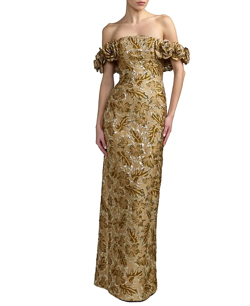 Mac Duggal Brocade 3D Flower Off the Shoulder Mermaid Gown by M.A.C.