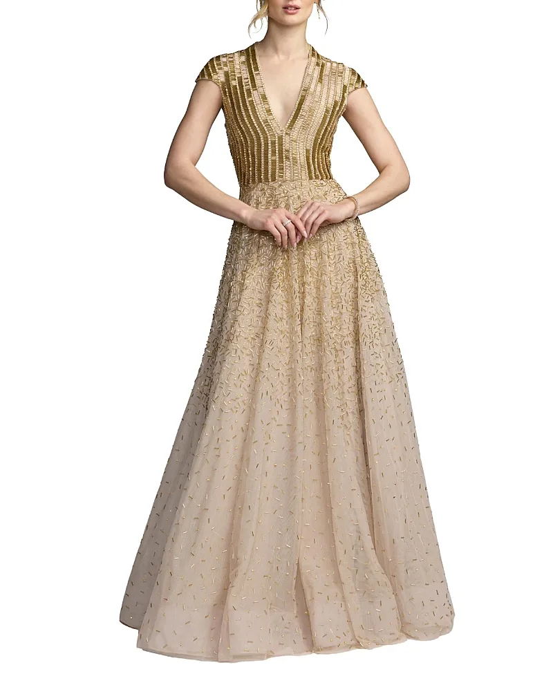 Mac Duggal V-Neck Beaded Tulle A-Line Gown by M.A.C.