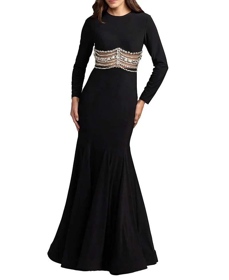 Mac Duggal Long Sleeve Jersey Gown with Crystal Detail by M.A.C.