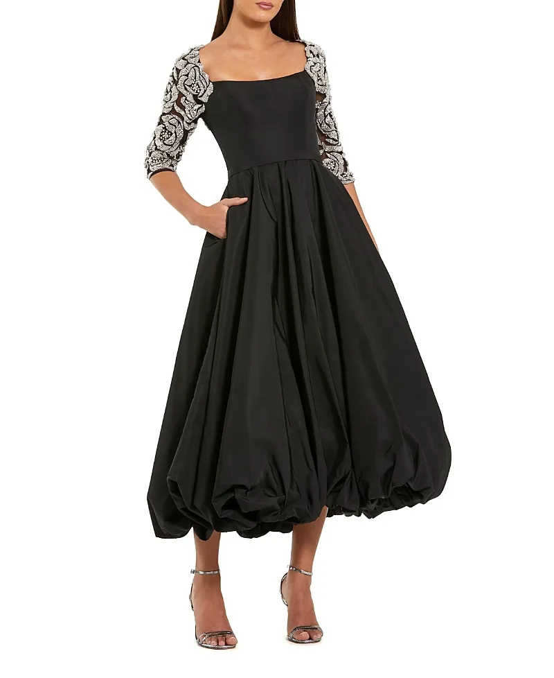 Mac Duggal Faille Bubble Hem Midi Dress with Beaded Sleeves by M.A.C.