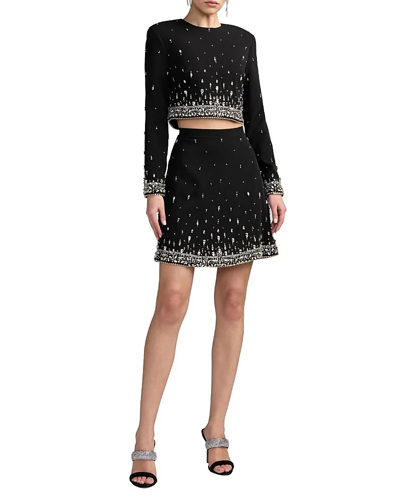 Mac Duggal Beaded Crepe Long Sleeve Top and Mini Skirt Set by M.A.C.