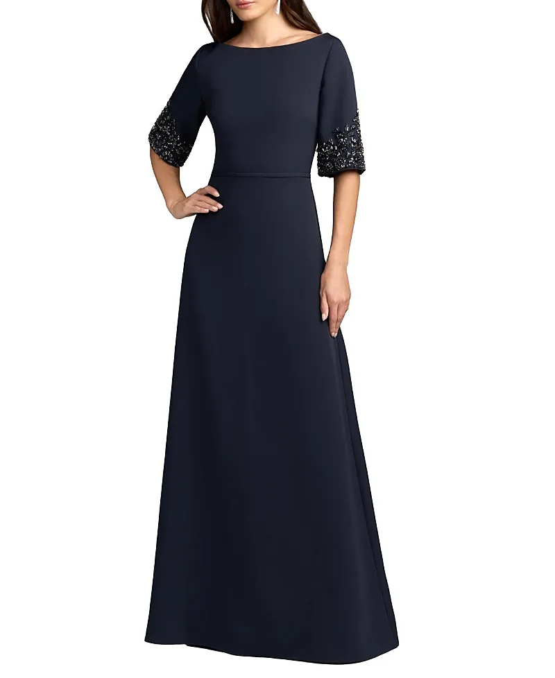 Mac Duggal A-Line Crepe Gown with Beaded Sleeves by M.A.C.
