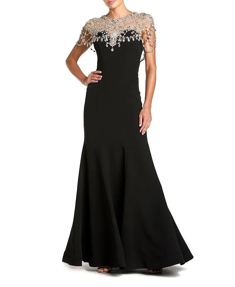 Mac Duggal Beaded Crepe Sleeveless Mermaid Gown