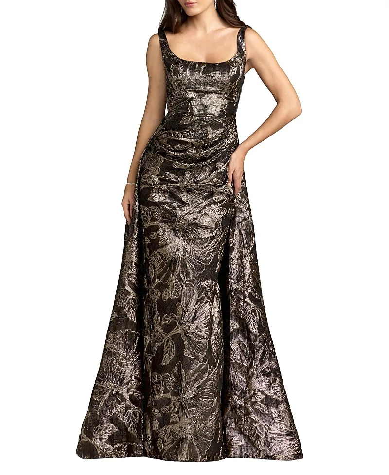 Mac Duggal Brocade Sleeveless Square Neck Gown with Overskirt