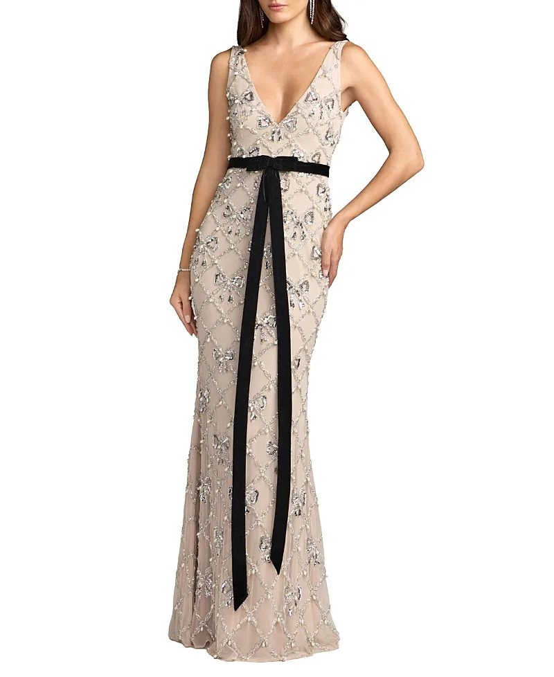 Mac Duggal Beaded Bow Detail Sleeveless V-Neck Gown by M.A.C.