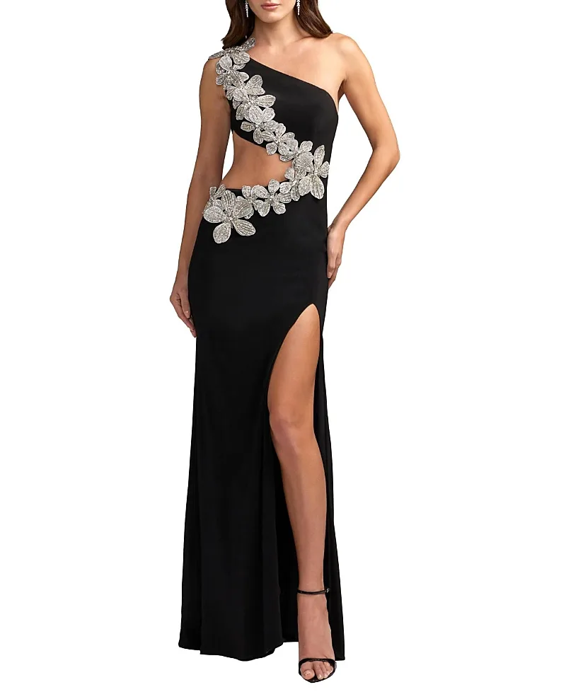 Mac Duggal One Shoulder Jersey Gown with Floral Detail by M.A.C.
