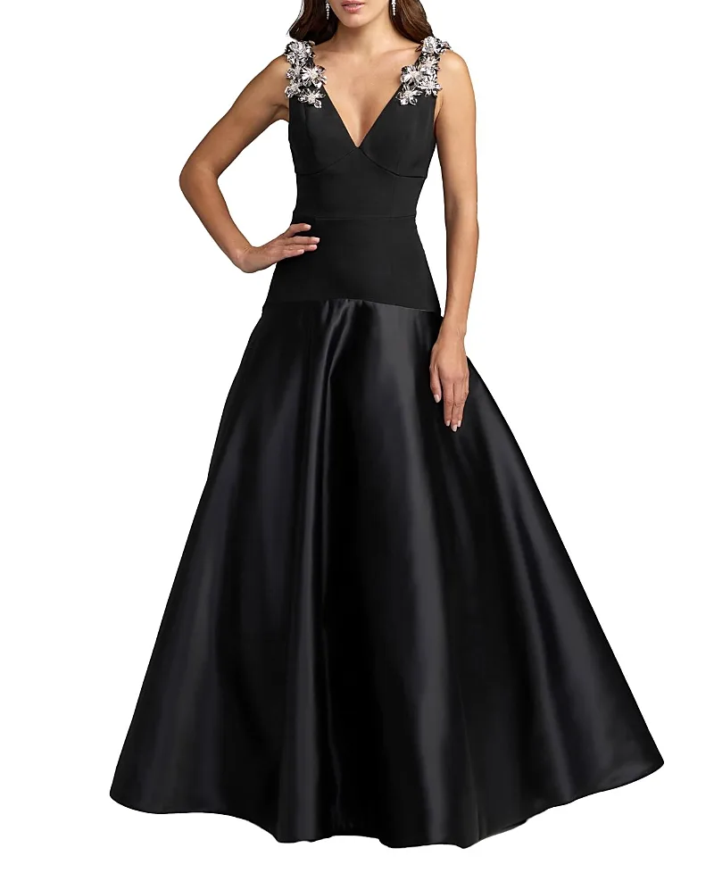 Mac Duggal Crepe and Satin Plunging V-Neck Ball Gown