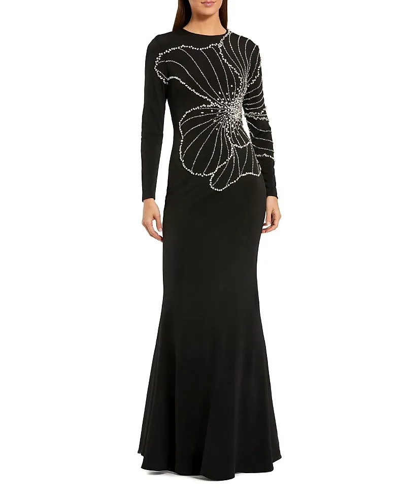 Mac Duggal Long Sleeve Jersey Gown with Beaded Flower