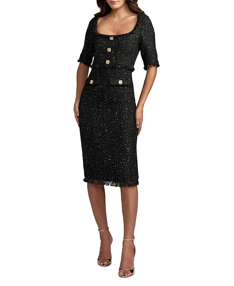 Mac Duggal Boucle Square Neck Elbow Sleeve Fitted Midi Dress by M.A.C.