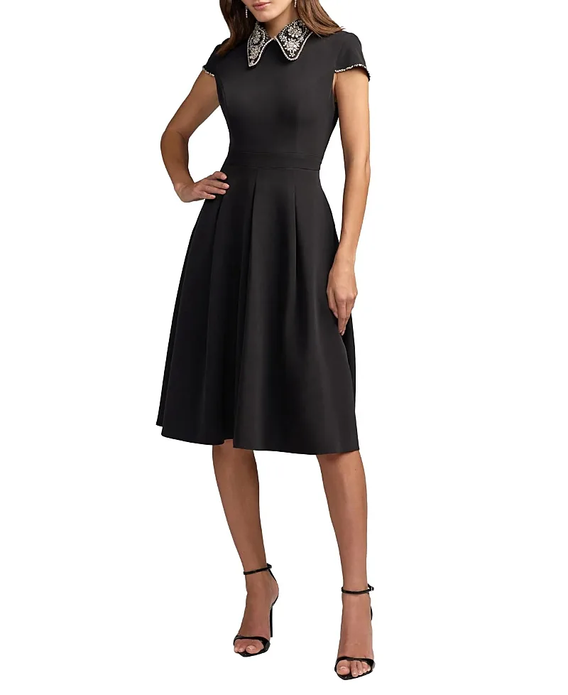 Mac Duggal Crepe Short Sleeve Midi Dress with Beading